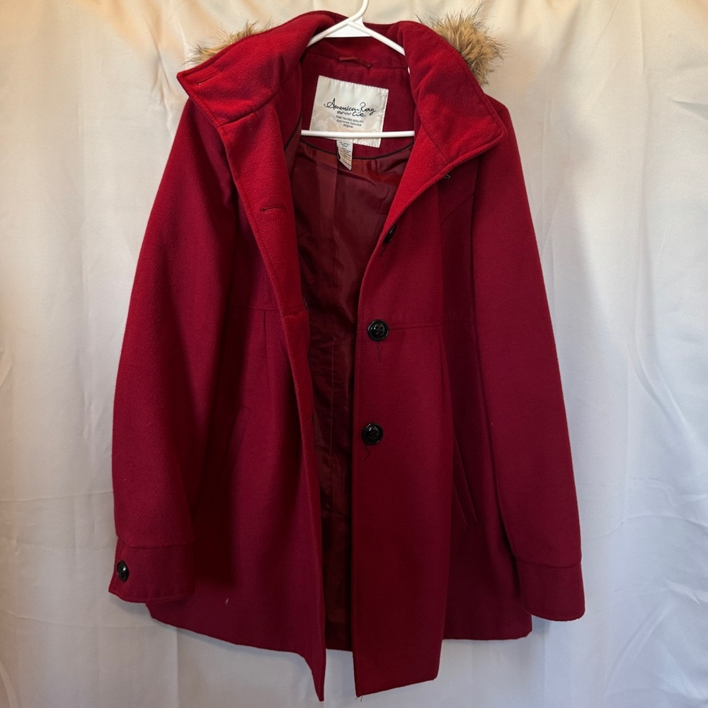 American Rag Red Pea Coat with Faux Fur Hood